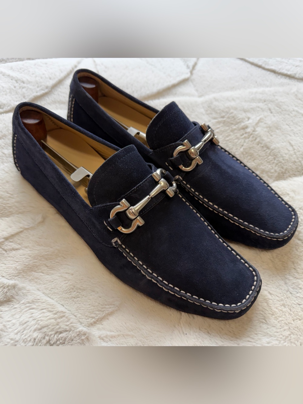 $895 Salvatore Ferragamo Navy Blue Suede Gancini Parigi Bit Driving Loafers 10 D
